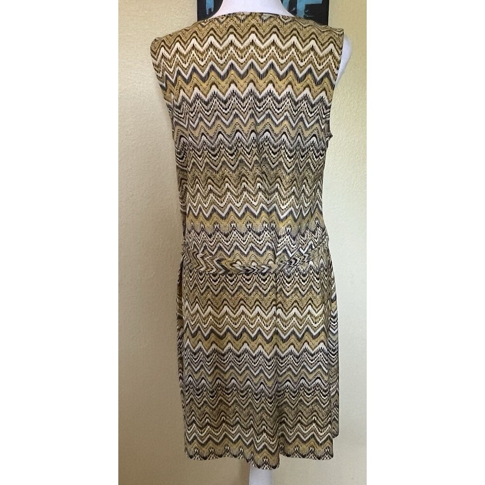 Tacera 1/4 Stop Zip Yellow White Chevron Sleeveless Tie Belt Shift Dress PL - Picture 4 of 8